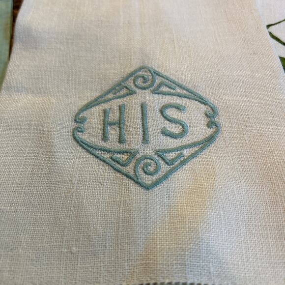 Vintage Linen Towels His Hers Embroidered Fingertip Floral Kitchen Turquoise - Picture 3 of 15